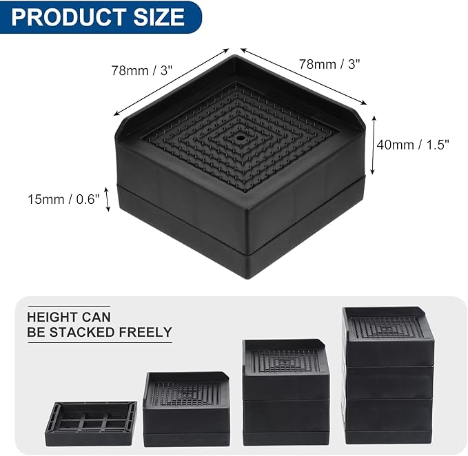uxcell Furniture Risers 3 Inch, 4Pcs Square Bed Risers Adjustable Couch Lifter Block for Extender for Bed Desk Sofa Table Lift Support Up to 1300Lbs, Black