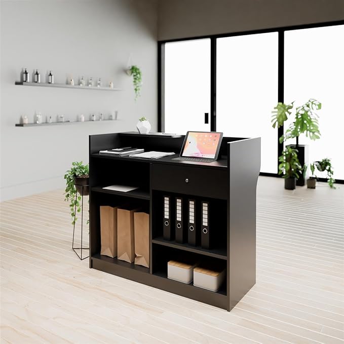 Free-Standing Black Melamine Register Stand, with Adjustable Shelves, Pull-Out Drawer, and Check Writing Area