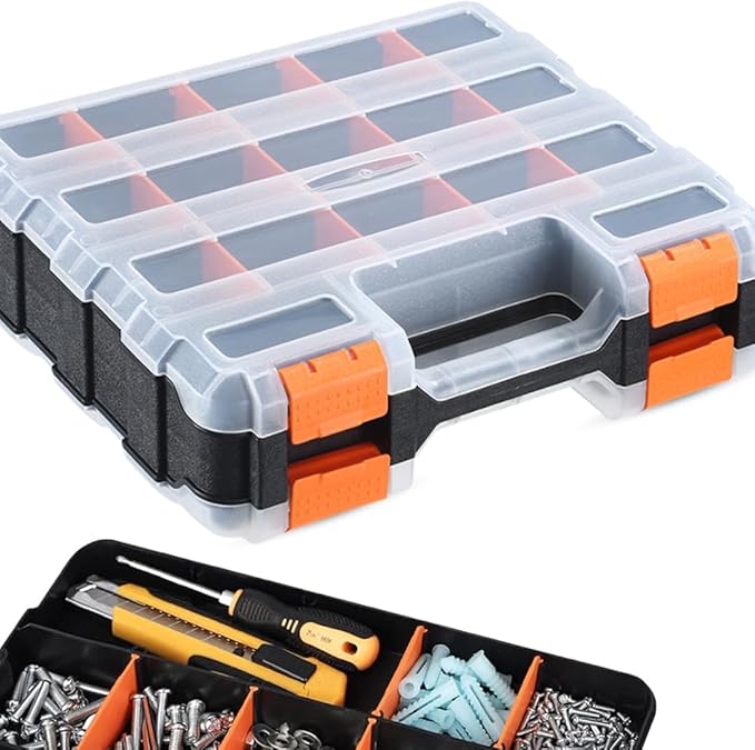 Andalus Tools Organizer Box, Small Parts Storage 34-Compartment Double-Sided Portable Hardware Organizer Removable Plastic Dividers for Screws, Nuts, Bolts, Nails – Orange (1 Pack, 12.5" x 10.5" x 3")
