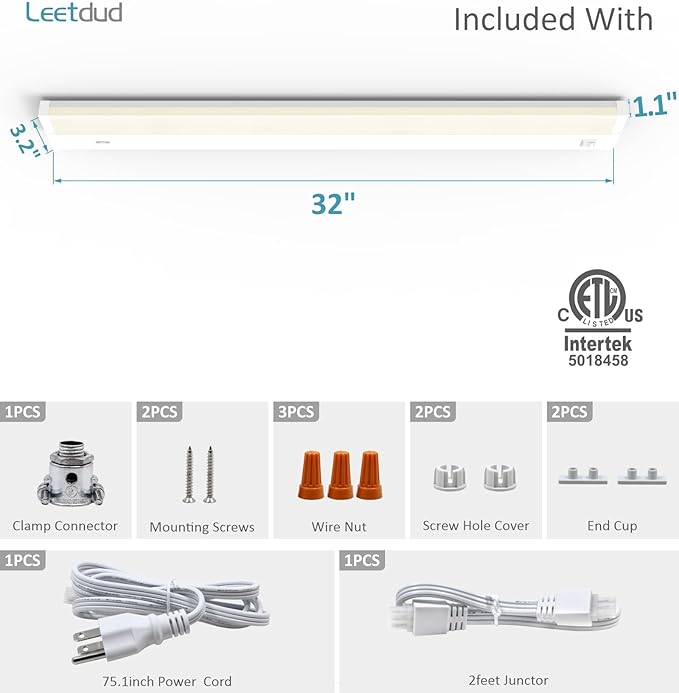 LED Under Cabinet Lighting Hardwired or Plug in, 32 Inch 16W, Dimmable 5 Color 2700K/3000K/3500K/4000K/5000K, Linkable Eyes Care Design Counter Lights for Kitchen, Sink, ETL Listed, White