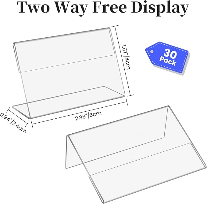 30 PCS Small Acrylic Sign Holder 2.36" X 1.57", Mini Acrylic Food Sign Labels for Party Buffet, Retail Price Display, Clear Plastic Table Counter Top Stand for Place Cards, Name Card, Wedding Signs