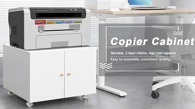 Print Mobile Printer Stand, Rolling Filing Cabinet, Lateral Office Filing Cabinet fits A4 or Letter Size for Home Office (White, H17.72)