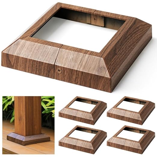 4 pcs 6"x6" (Actual: 5.5"x5.5") Aluminum Deck Post Base Cover, for Deck railings, Stairs, Patios, Porches Split Deck Post Skirt (Walnut Wood)