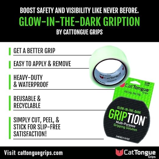 CATTONGUE GRIPS Non-Abrasive Grip Tape Wrap - 2” Thick Heavy-Duty, Waterproof Anti-Slip Tape for Wrapping Tools, Bats, Gym Equipment - Indoor & Outdoor Anti-Slip Solution (Glow in The Dark, 2-Pack)