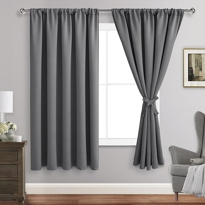 JIUZHEN Blackout Curtains for Bedroom - 70 x 63 Inch Extra Wide Privacy Assured Thermal Insulated Room Darkening Sliding Door Curtains for Living Room, Set of 2 Panels with Tiebacks, Light Grey