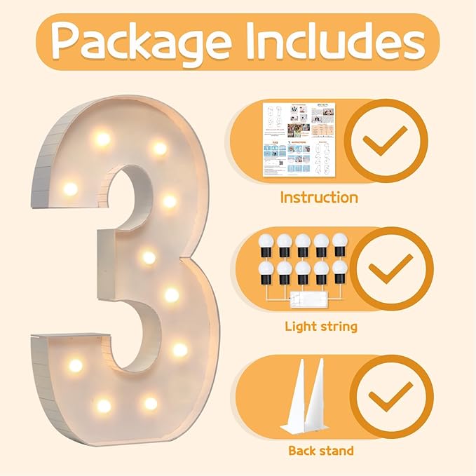 Marquee Numbers 4 Feet Tall Large Light Up Numbers 3th 13th 30th Three RexBirthday Decorations Big Yellow Light Outdoor Anniversary Decorations Balloon Arch Kit Party Backdrop 3