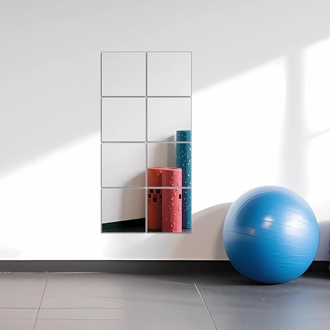 Ruomeng Full Length Wall Mirror Tiles - 10" x 10" x 8Pcs Frameless Full Body Mirror Tiles Wall Mounted Mirror for Home Gym Vanity Bedroom, Living Room