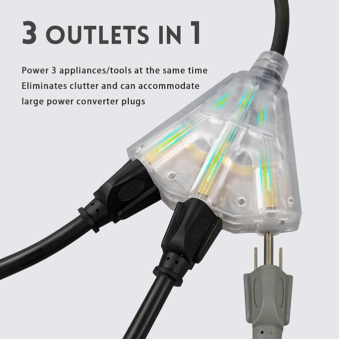 EP 25 Ft Lighted Outdoor Extension Cord with 3 Electrical Power Outlets - 14/3 SJTW Heavy Duty Black Extension Cable with 3 Prong Grounded Plug - Power Cord for Lawn, Garden, Appliances