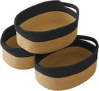 Woven Basket,Small Rope Storage Bin with Handles & Ribbon Bag, Organizer for Shelves Closets,Gift Basket Empty for Birthday,Books,Dog Toys, Black&Jute/3 Pack