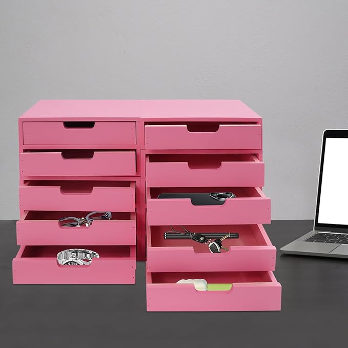 4-piece Drawer Cabinet, Organizer Sorter Container Keeper Unit Storage Box Stackable Chest Divider Shelf System with 10 Drawers & 4 Stackable Units for Home Office Study Room Dorm Bedroom(Pink)