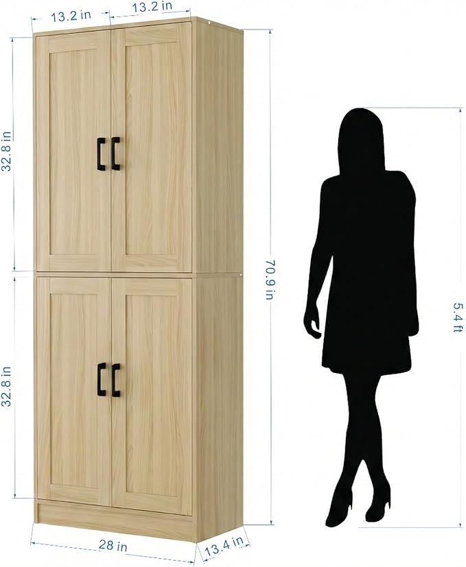 71" Tall Kitchen Pantry Cabinet, Freestanding Food Storage Organizer with Doors & Adjustable Shelves, Large Utility Hutch Cupboard for Dining Room, Living Room, Bathroom & Home Office, Oak