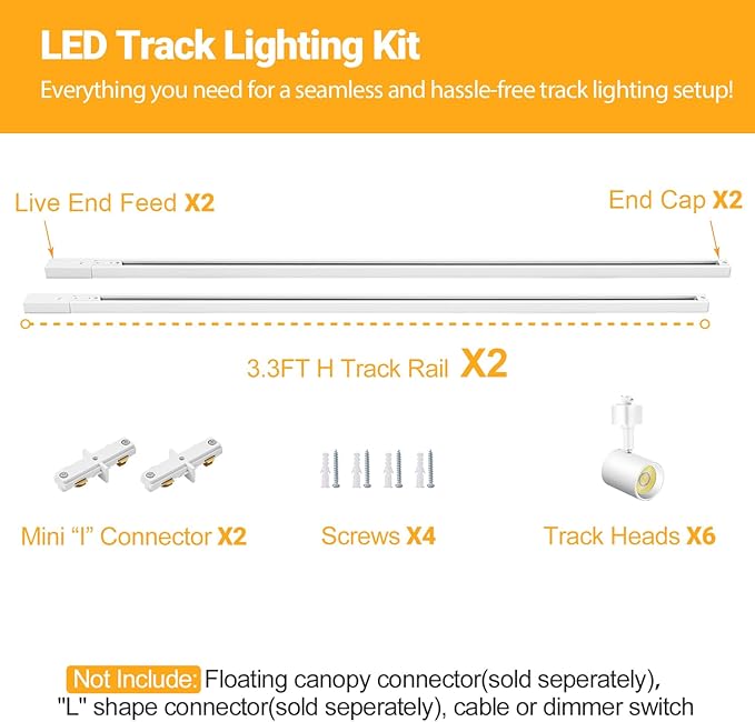 VANoopee 5-Color 6-Light LED Track Lighting Kit with 6.6FT H Type Track Lighting Rail, LED Track Light Heads Dimmable Modern Kitchen Track Lighting Fixtures Ceiling Spotlight, CRI90+ 10W 800lm White
