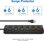 CCCEI Metal Power Strip Individual Switches 6 Outlets, Heavy Duty Power Strip 20Amp Surge Protector for Appliances, 6FT Extension Cord Strip, 1200J Surge Protector 20A 125V 2500W.