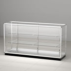 70”D * 20”W * 38”H, Freestanding LED Retail Full Vision Glass Display Case, Silvery Aluminum Frame, Two Adjustable Height Tempered Glass Shelves