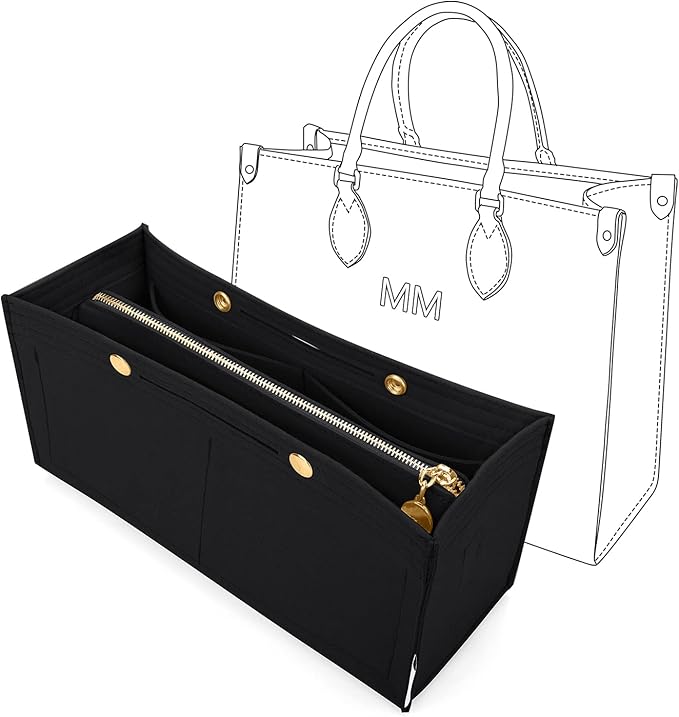 LEXSION Felt Purse Organizer Insert,Handbag Organizer with Detachalbe Zipper Pocket for ONTHEGO MM,3 Size 8034 Black Medium