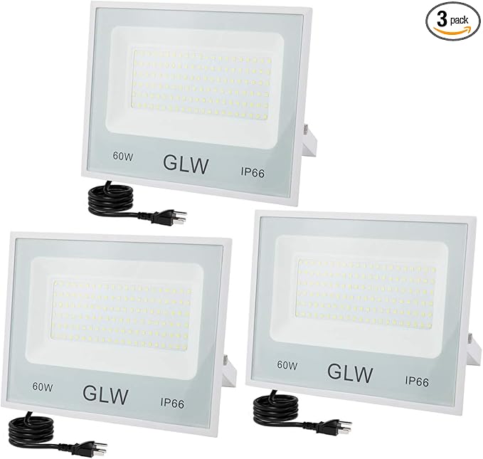 LED Flood Lights 60W 3 Pack, 6000lm Super Bright Floodlight IP66 Waterproof Outdoor Security Work Light with Plug, 6000K Daylight White Light for Garden Backyard Playground Yard Garage