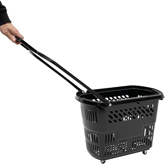 6PCS Plastic Shopping Basket with Handles & Wheels, 35L Rolling Shopping Carts, Grocery Basket with 4 Wheels and Handle, Portable Shopping Basket for Retail Stores, Supermarkets (6PCS - Black)
