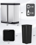 Arlopu 16 Gallon Dual Trash Can, 60L(2x30L) Stainless Steel Kitchen Garbage Can, Step-on Classified Recycle Garbage Bin with Removable Inner Buckets, for Kitchen, Living Room, Office (Silver)