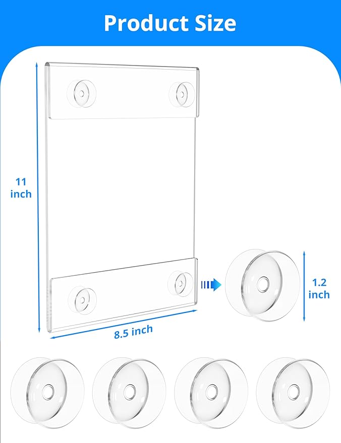NIUBEE Acrylic Window Sign Holder:Glass Door Sign Holder with 4 Suction Cups 8.5x11 Inch--Window Mount for Displaying Flyers, Notices, Documents and Menus, for Office, Store, Home, Restaurant Use(6 PACK)