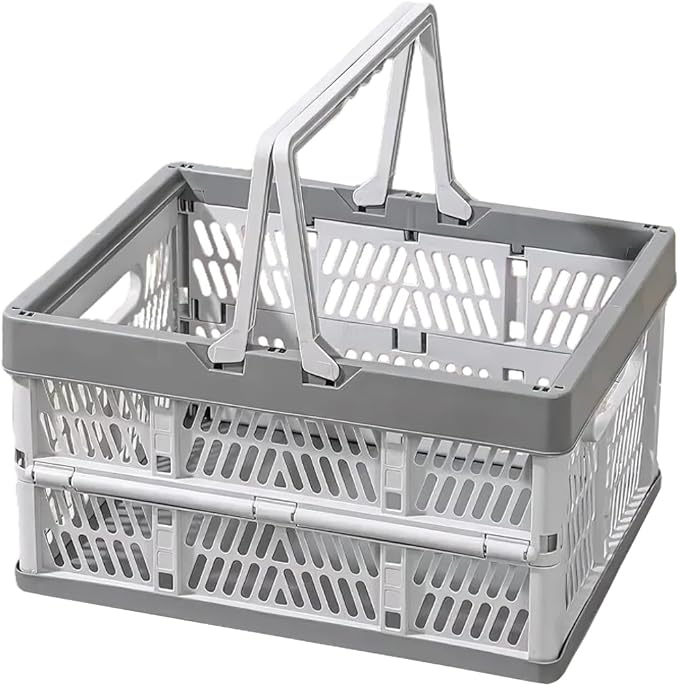 Collapsible Storage Crate with Handles, Milk Crates，33L Foldable Plastic Shopping Basket, Organizer Container for Car Home Pinic (Light gray, Large)