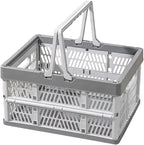 Collapsible Storage Crate with Handles, Milk Crates，33L Foldable Plastic Shopping Basket, Organizer Container for Car Home Pinic (Light gray, Large)