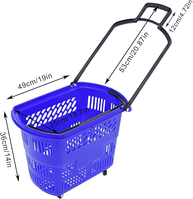 6PCS 35L Rolling Shopping Baskets with Wheels Portable Grocery Basket Set with Handles Plastic Shopping Cart for Supermarkets, Retail Stores, Bookstores (Blue)
