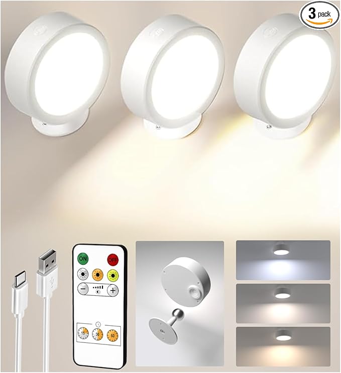 EZVALO LED Wall Mounted Lights, 5500mAh Rechargeable Wall Sconces Lamp, 3 Color Temps & Remote and Touch Control, 360°Rotation Dimmable Cordless Wall Light for Bedroom (3 Pack White)