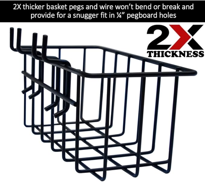 Heavy Duty Peg Board Hook Baskets for ¼ Pegboard Holes, Set of 3 Black Wire Baskets, Extra Thick Metal Fit Snugly in Pegboards with ¼ Inch holes, ¼” Peg Board Organizer Accessories for Tools and More
