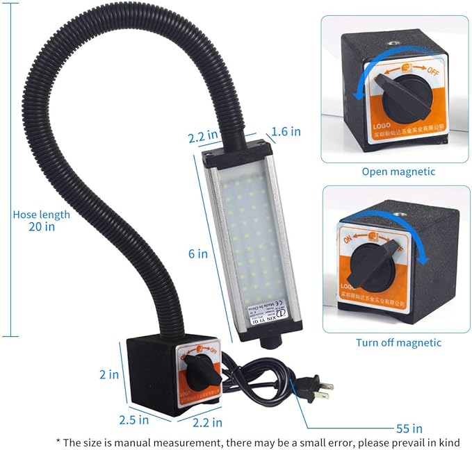 Magnetic Work Light, LED Machine Light with 44 LEDs, Waterproof with 19 Inch Gooseneck, IP66 Rating, 800 Lumen, 120 Volt for Lathe Machine Tools