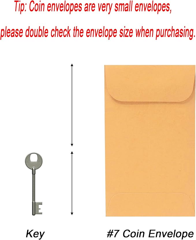200PCS #7 Coin Envelopes 3.5x6.5 inches Brown Kraft Envelopes Classic Small Parts Gummed Flap for Coins, Cash, Credit Cards, Seeds