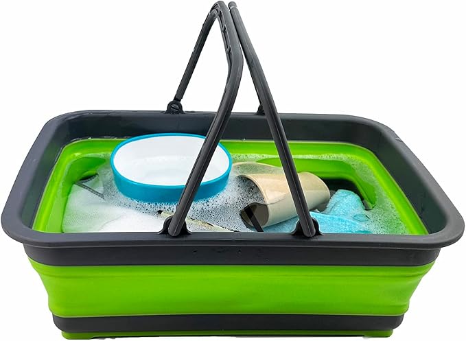 SAMMART Collapsible Basket with Handle 8L (2.1 Gallon) - Portable Outdoor Picnic Basket/Crate - Foldable Basin for Washing Dishes,Camping,Hiking (Grey/Green)