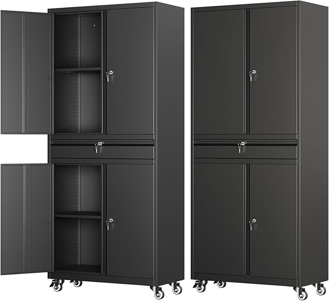 Metal Garage Storage Cabinet with 4 Wheels,Lockable Storage Cabinet with Adjustable Shelves and 1 Drawer,Rolling Tool Cabinet for Workshop Garage and School(Black)