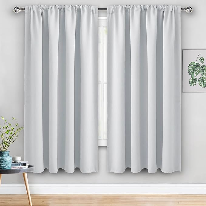 JIUZHEN Blackout Curtains for Bedroom - 70 Inch Extra Wide Thermal Insulated Room Darkening Privacy Soundproof Curtains for Living Room, Set of 2 Panels with Tiebacks, 70 x 63 inches, Greyish White