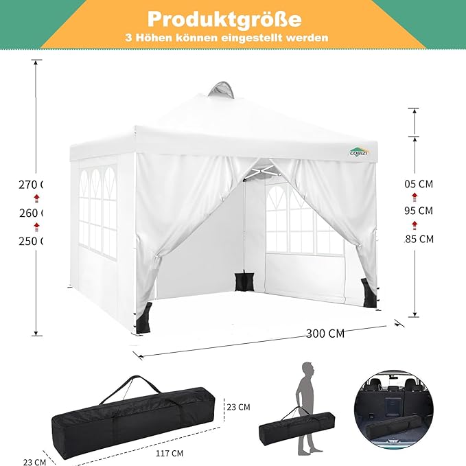 COBIZI 3x3 Outdoor Gazebo, Heavy Duty, Foldable, Waterproof, UV Protection 50+, Adjustable Height, for Garden, Parties, Market, Camping (White)