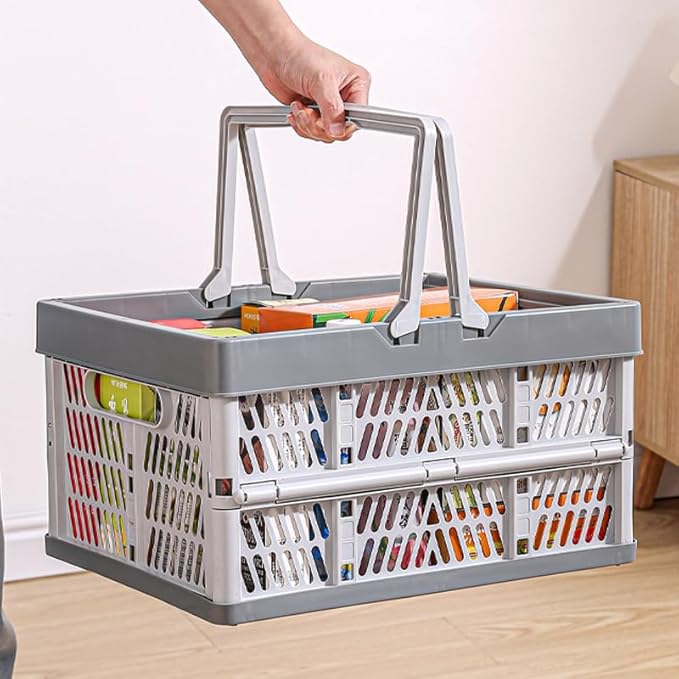 Domiella 2-Pack Foldable Storage Baskets, Collapsible PP Crates with Handles - 20L Capacity, Strong and Portable for Home Organization, Picnic and Shopping, Grey + Pink