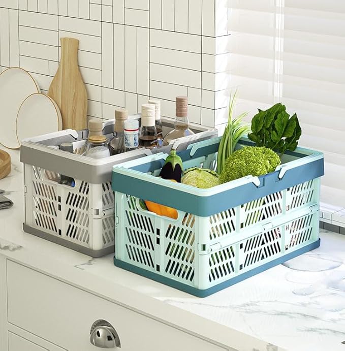 Domiella 2-Pack Foldable Storage Baskets, Collapsible PP Crates with Handles - 20L Capacity, Strong and Portable for Home Organization, Picnic and Shopping, Grey + Blue