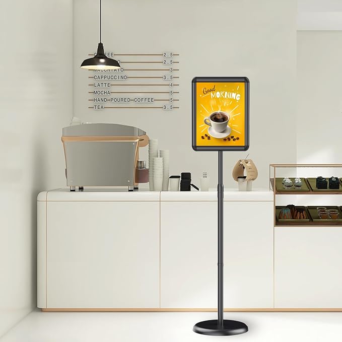 Pedestal Floor Stand Sign Holder for 11*17 inches Poster or chalk board, Snap open frame,360° Rotation,Outdoor Indoor Standing Display Sign Holders for commerical, directional use, Black