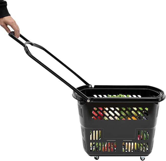 6PCS 35L Rolling Shopping Baskets with Wheels Portable Grocery Basket Set with Handles Plastic Shopping Cart for Supermarkets, Retail Stores, Bookstores (Black)