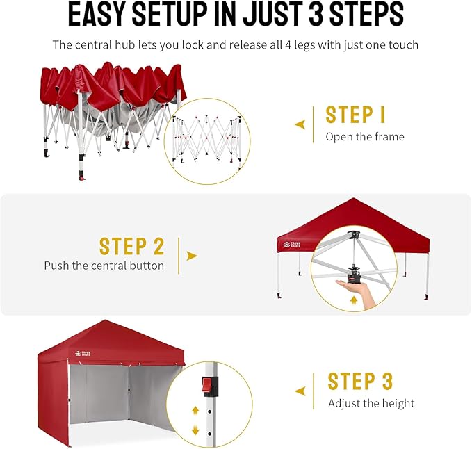 CROWN SHADES 10X10 Comercial Instant Canopy Pop Up Tent with Center Lock, 300D Fabric, 4 Sidewalls, Sto'N Go Bag, Red