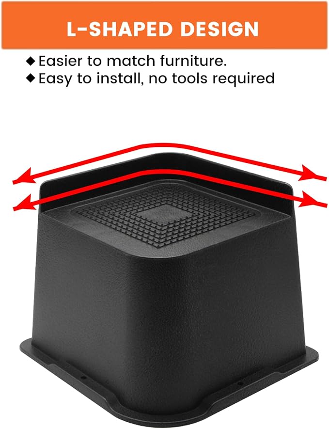 Bed Risers 2 inch, 3 inch, 4 inch, 6 inch or 8 inch Heavy Duty Furniture Risers, Up to 6000 Lbs L Shaped Design Bed Lifts Blocks for Couch Desk Sofa Table (Black, 6 Inch 8 Pack)