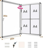 Mifuro 26"x20" Enclosed Bulletin Board, Lockable Weather-Resistant Aluminum Cork Noticeboard for School & Office, Silver Frame w/Grey Flet