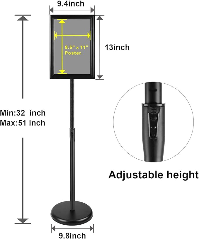 8.5x11 Inch Adjustable Sign Holder Poster Stand, Heavy Duty Floor Sign Stand with Aluminum Snap Open Frame for Vertical and Horizontal Sign Displayed(Black)