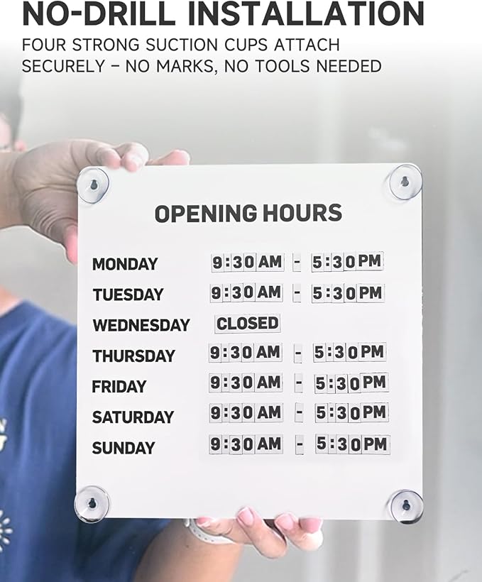 Metal Business Hours Sign with Suction Cups - Magnetic Open Closed Display Board for Storefront Window, Glass Door, Tile Wall & Counter - Changeable, Reusable & Rust-Resistant Steel Kit