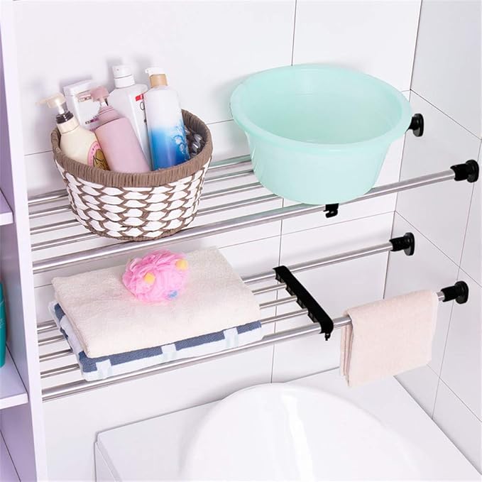 BAOYOUNI Adjustable Closet Shelf Expandable Shelves Tension Rod Hanger Space Saving Storage Rack Organizer Divider for Wardrobe, Cupboard, Kitchen, Bathroom Use, Black, 2 Pack