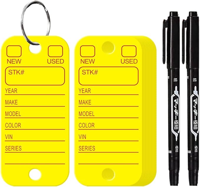200 Pcs PVC Tags with Labels and Rings, Car Key Tags for Organization, Identifiers, and Luggage Tags with 2 Pcs Markers, Plastic Keychain Tags for Car, Truck, and Dealer Use (Yellow)