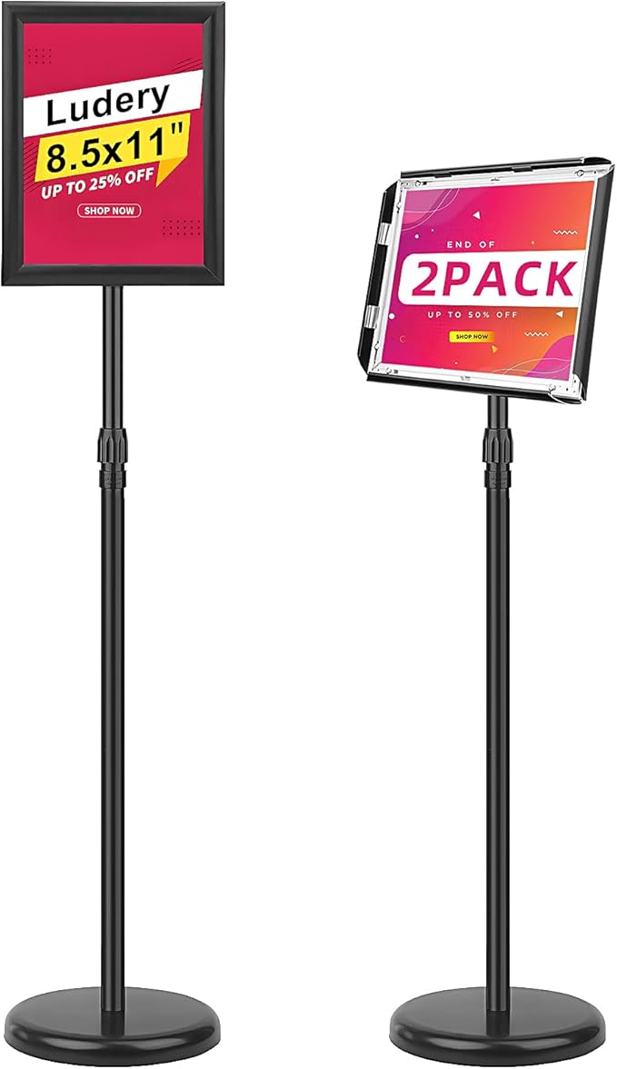 Adjustable Sign Holder Stand 8.5x11 inch,Pedestal Floor Signage Standing Holder with Heavy Duty Base, Aluminum Snap Open Frame Display for Business Restaurant, Mall,Schools-2 Pack