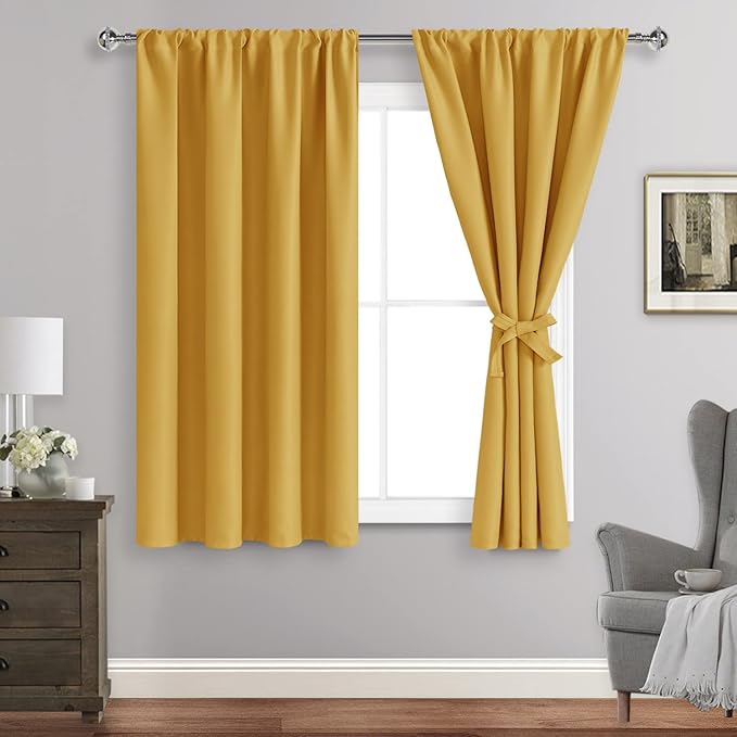JIUZHEN Blackout Curtains for Bedroom– Thermal Insulated,Noise Reducing Room Darkening Privacy Rod Pocket Drapes for Living Room, Set of 2 Panels with Tiebacks, 42 x 54 inch Long, Mustard Yellow
