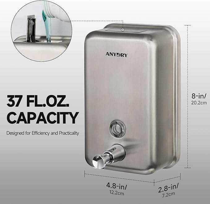 Commercial Soap Dispenser Wall Mount, Brushed Stianless Steel Finish Manual Liquid Soap Dispenser - 37oz (1100ml) Model AD1003