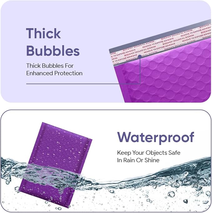 Purple 9.5x14.5 Inch Poly Bubble Mailers #4 | Self Seal Large Padded Envelopes | Air Cushioned Bubble Mailer | Usable Size 9.5x13 Inch | Waterproof Lightweight Mailing Shipping Bags | 100 Pack Bulk