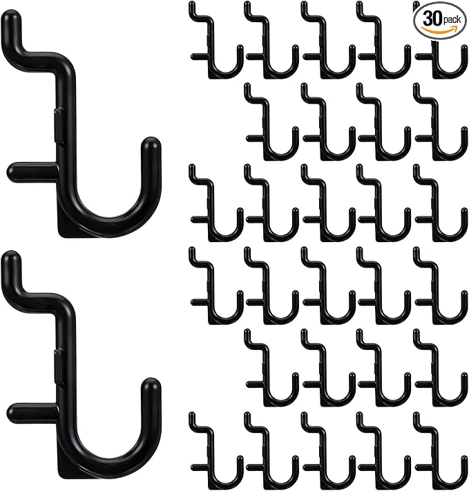 30 Pcs Black Pegboard Hooks, 1/4" Plastic Pegboard Hooks J Hooks Wall Display Assortment Peg Board Hooks for Hanging Tools Jewelry Necklaces Keys Organizer